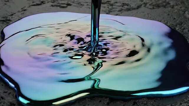 Iridescent liquid metal artfully pours onto a dark textured surface, creating captivating ripples and a vibrant spectrum of colors.