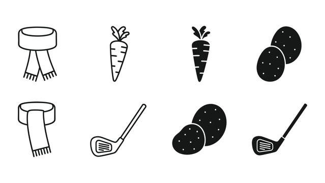Mixed icons of gardening tools and golf clubs with vegetables and potatoes