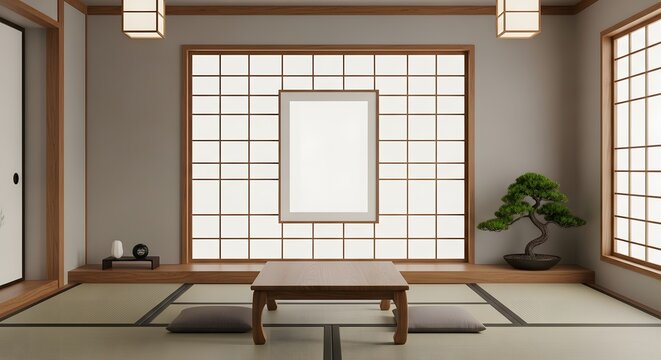 Experience the tranquil elegance of a traditional Japanese living space, featuring authentic tatami mats, a serene shoji screen, and minimalist interior design