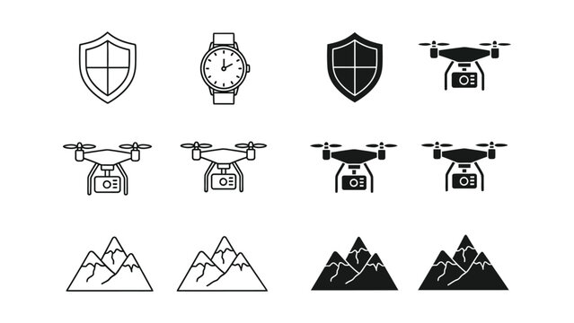 Icons depicting security, time, drones, and mountainous terrains in a sequential pattern