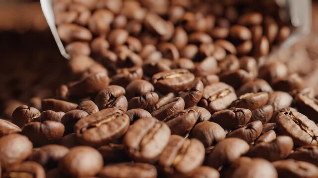 Closeup Macro Shot of Roasted Coffee Beans Pouring Out.