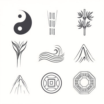 Collection of traditional asian symbols and icons with yin yang with line art