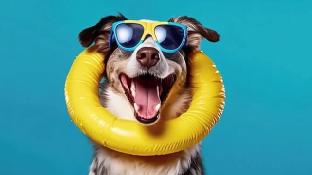 Summer Happy Dog with Sunglasses and Float Ring