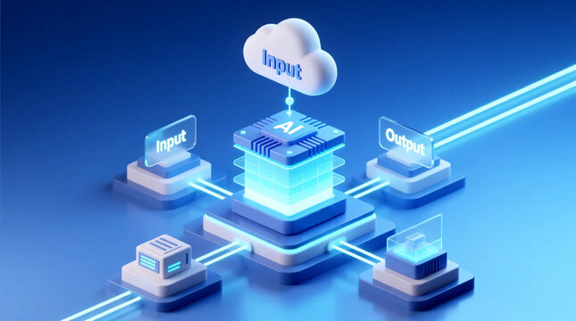 Futuristic data flow visualization of generative AI workflow processing inputs and outputs via isometric cloud computing system for advanced digital intelligence