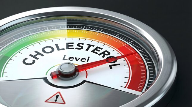 Close-up of a cholesterol level gauge indicating high-risk zone, representing heart health monitoring, medical diagnostics, and awareness of cardiovascular conditions in a clinical concept.