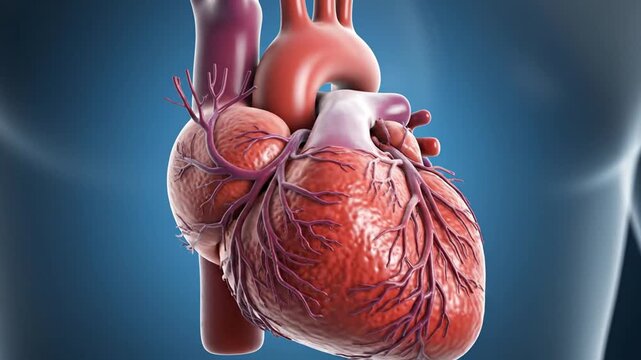 Anatomically accurate 3D medical rendering of a human heart featuring detailed coronary arteries, aorta, and pulmonary veins, set against a blurred blue clinical background.