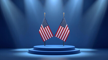  illustration of Two American flags standing upright   stage against a deep blue backdrop,  © Pemuda