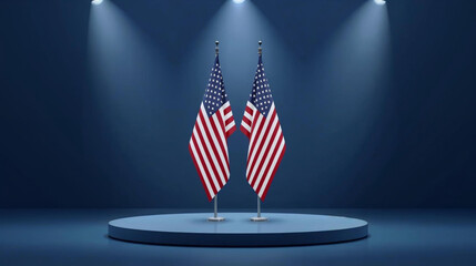  illustration of Two American flags standing upright   stage against a deep blue backdrop © Pemuda