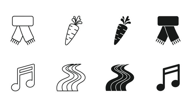Contrasting icons of winter accessories, vegetables, and musical notes with varying styles
