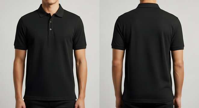 Classic black polo shirt showcasing both front and back views, emphasizing its comfortable design and versatile style for modern casual and professional attire