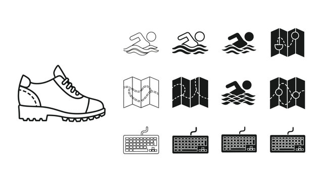 Illustrations of various sports and activities icons with a sneaker