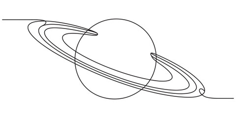 A continuous line drawing depicting a stylized planet with rings in a minimalist art style format. Vector, illustration © RK Design 2026