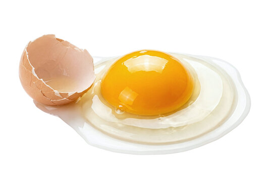Raw cracked egg with bright yellow yolk isolated