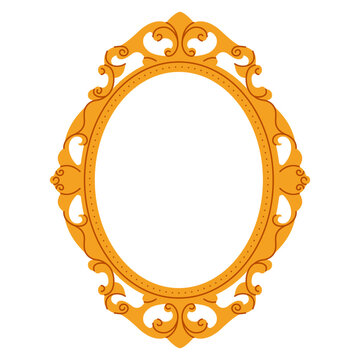 Vintage picture frame. Antique mirror decorative border, ornate baroque filigree oval photo frame, cartoon elegant gold luxury interior element. Vector flat illustration