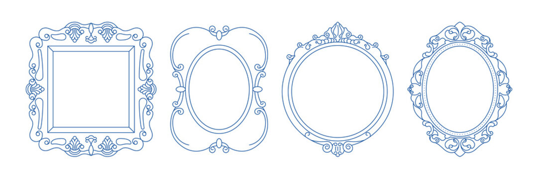Antique ornate picture frames. Vintage decorative mirror borders, artistic rococo baroque filigree photo frame elements, classic fancy luxury design. Vector linear set