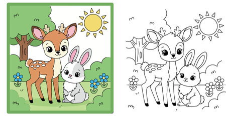 Cute Cartoon Fawn and Bunny in a Sunny Forest Glade © MstSangita