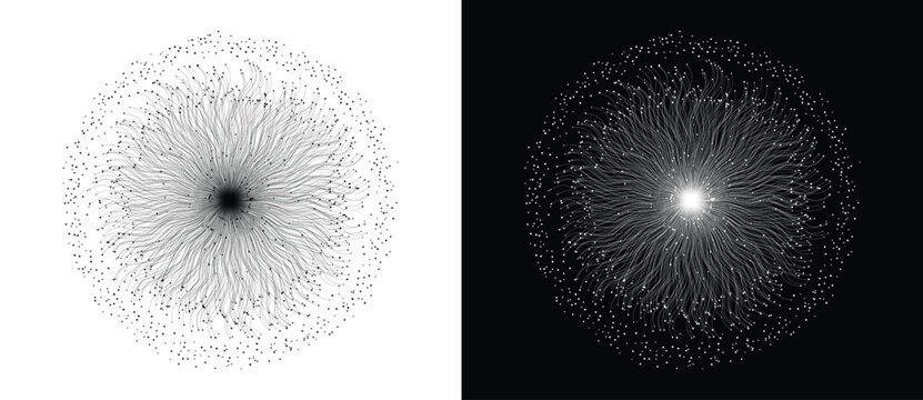 Spiral vortex radial burst of swirling curved lines with scattered dot particles from glowing center on white and black backgrounds. Monochrome vector illustration for galaxy, energy and cosmic design