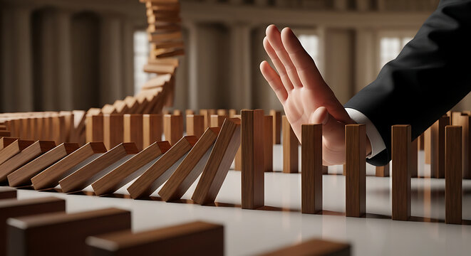 Strategic hand intervention halts the cascading domino effect, symbolizing proactive crisis management, risk prevention, and decisive control over potential collapse in business