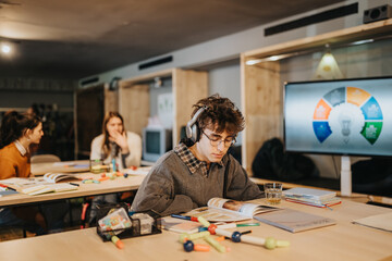 Naklejka premium A young student wearing headphones studies a book at a shared workspace table. He concentrates while classmates work nearby and a presentation screen shows a colorful info graphic.