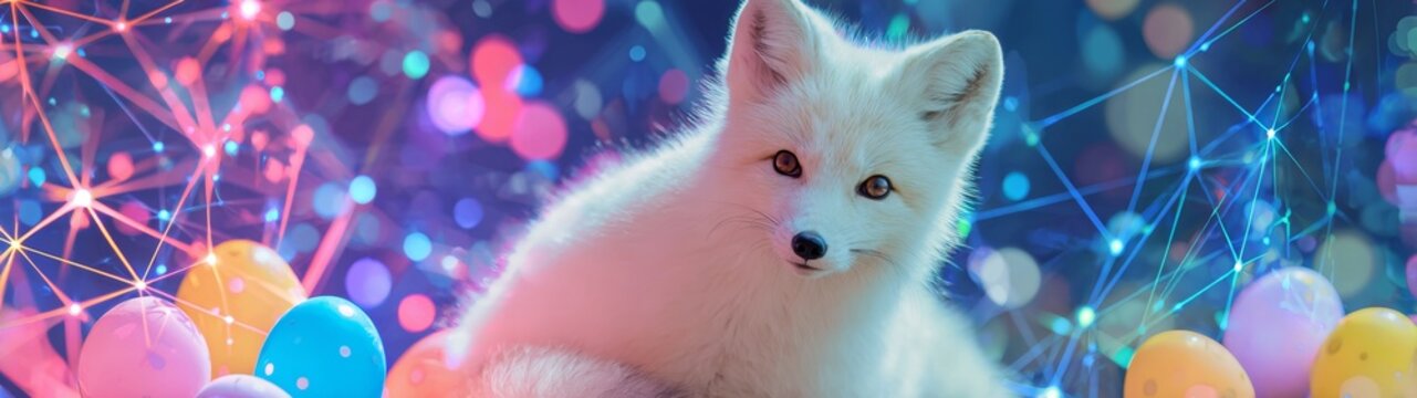 Festive easter fox and egg delightful greeting art. High-tech network. Captivating easter card: fox, egg, and blossoms in spring setting. Smart grid. Futuristic system.