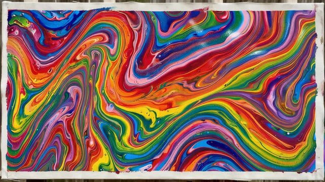 Abstract marbled acrylic paint ink painted waves painting texture colorful background banner - Bold colors, rainbow color swirls wave 