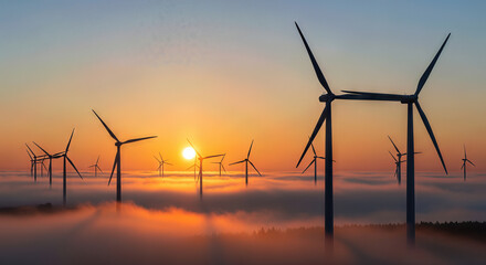 Fototapeta premium A serene landscape of wind turbines at sunset with foggy surroundings