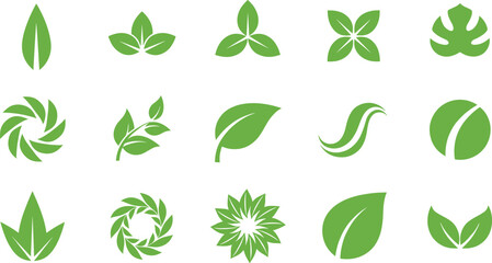 Leaf and plant icon collection with eco nature growth organic botanical decorative artwork, green vector template set © MDMORSALIN