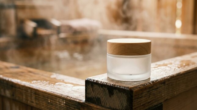 따뜻한 수증기가 피어오르는 나무 욕조 위 불투명 유리 단지 크림 목업