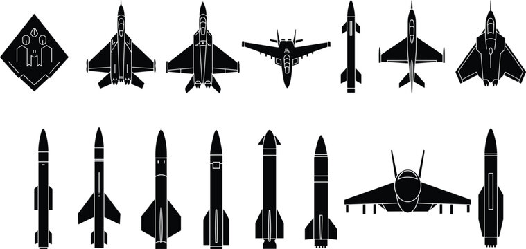 military aircraft, fighter jet, jet fighter, missile, rocket, military, army, air force, aviation, aircraft, airplane, war, weapon, defense, attack, combat, rocket icon, missile icon, 