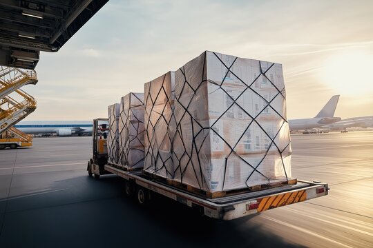 Forklift truck transporting large cargo pallets wrapped for air freight, moving them on the airport tarmac towards an airplane