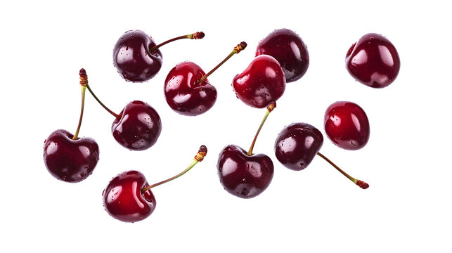 Fresh red cherries with stems falling down