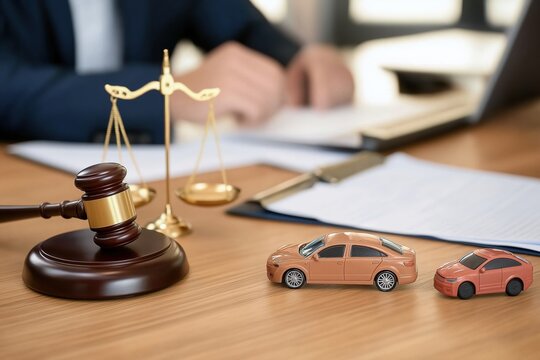Lawyer's desk with gavel, scales, and toy cars showing a car accident, insurance claim, or legal dispute concept