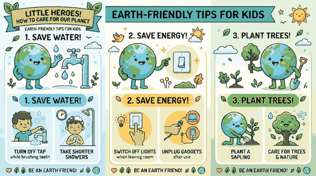 Illustrated infographic of eco friendly tips for kids featuring three earth characters with advice on saving water energy and planting trees with a bright playful design