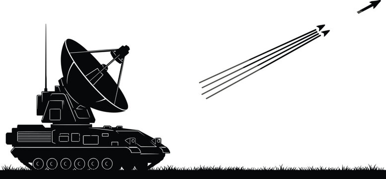 Mobile radar vehicle silhouette illustration tracking missiles, defense technology artwork, military system design concept, black and white vector template set