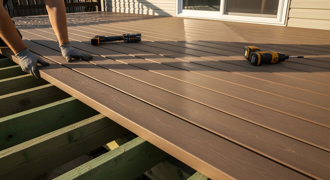 installing composite decking boards on wooden frame | diy backyard patio deck construction project | professional carpenter building modern outdoor terrace | home renovation maintenance