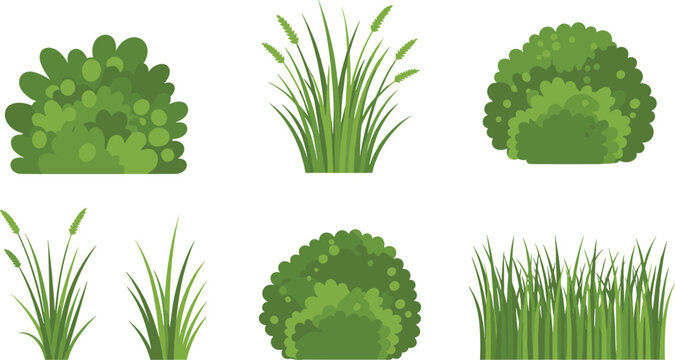Plant and grass foliage icon collection with bush greenery landscape artwork, green vector template set