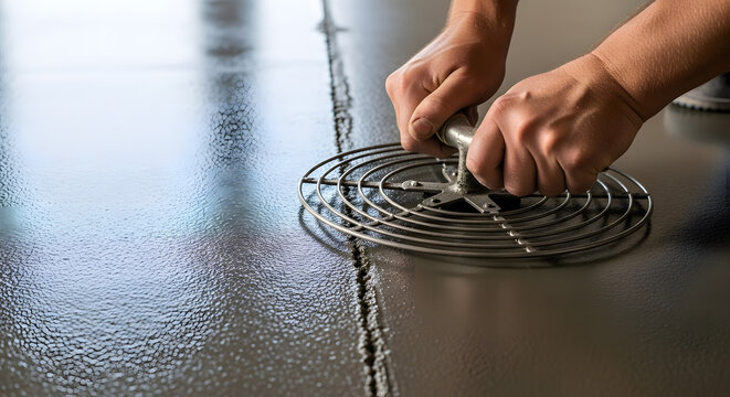 Professional concrete floor finishing process|Manual cement smoothing with metal whisk tool|Industrial floor screeding and leveling|Construction worker hands finishing wet concrete