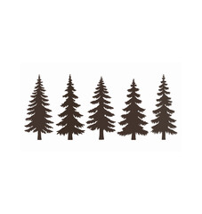 Obraz premium Hand drawn engraving pine and fir tree silhouettes vector forest set in brown isolated on white background