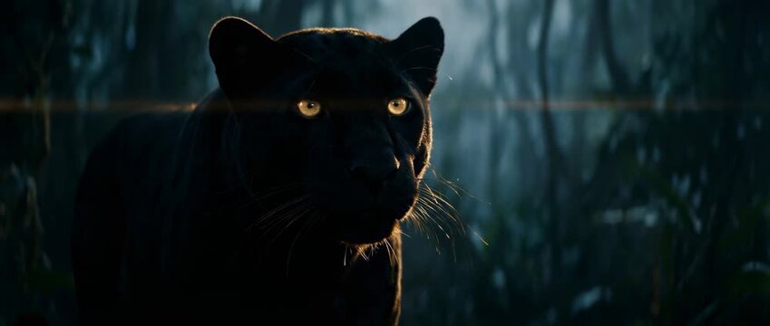 Close-up of black panther in forest with glowing eyes