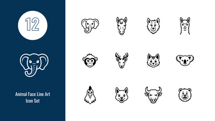Naklejka premium Collection of stylized animal face line elephant horse wolf llama