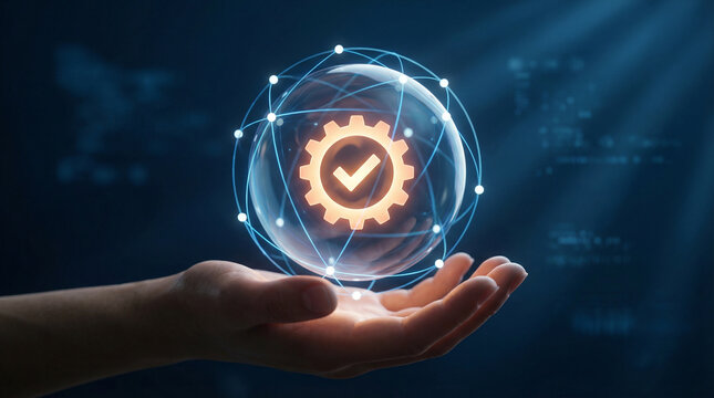 hand holding glowing digital sphere with gear and checkmark symbolizing automation quality assurance secure systems ai technology network connectivity and modern business process optimization