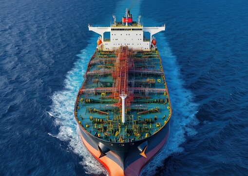 Oil tanker vessel transporting crude oil across the vast blue ocean with wake, representing global energy logistics and industry