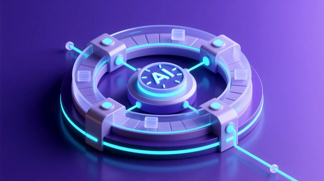 Futuristic visualization of generative AI workflow system showcasing real-time data processing in adaptive intelligence engine from isometric perspective