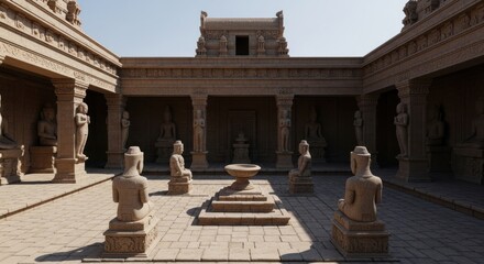 Naklejka premium Ancient stone temple courtyard with ornate statues in sunlight