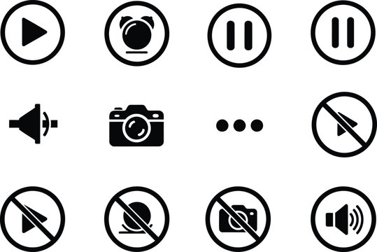 Icons depicting media controls and restrictions for audio and video functionalities Vector