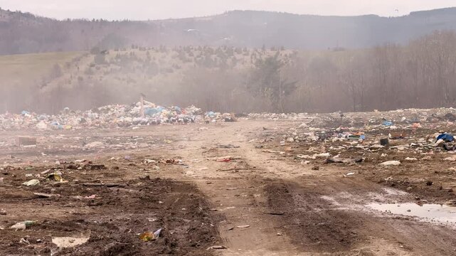 Burning landfill in Serbia with smoke and birds environmental pollution.Large garbage landfill in rural Serbia with smoking waste and flying birds. Environmental pollution and ecological problem 