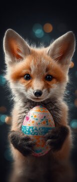 Radiant easter moments with a playful fox cub. Social media interaction. Vibrant easter scene with fox cub, glittering egg, and floral accents. Virtual teamwork concept.