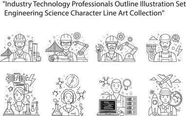 Naklejka premium Industry technology professionals outline illustration set engineering science character line art collection