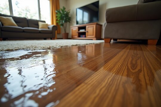Detailed view of flooded living room with water damage on floor, furniture, and TV.