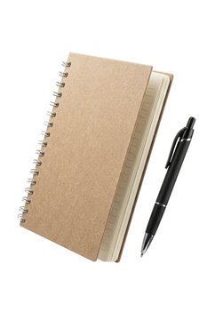 Brown paper spiral notebook with black ballpoint pen
